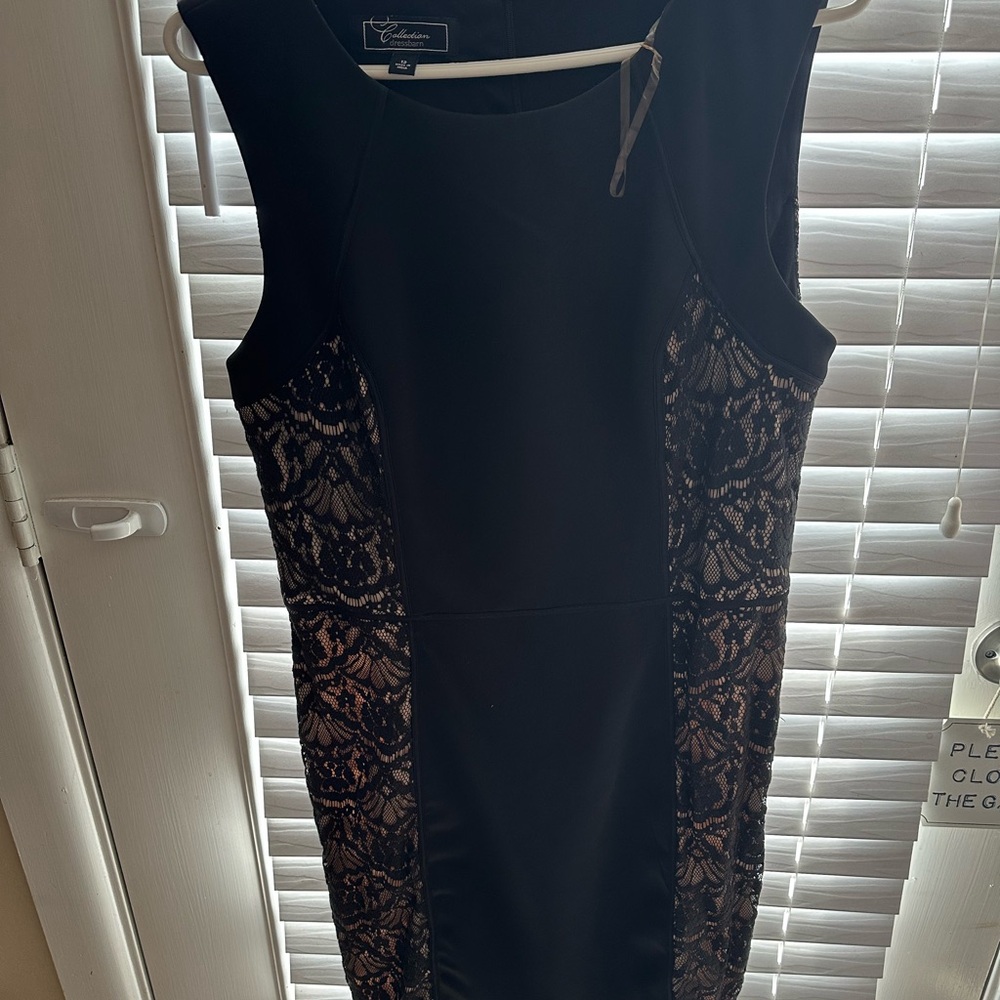 Dressbarn Black and Tan Sheath Midi Dress Sleeveless Crew Neck